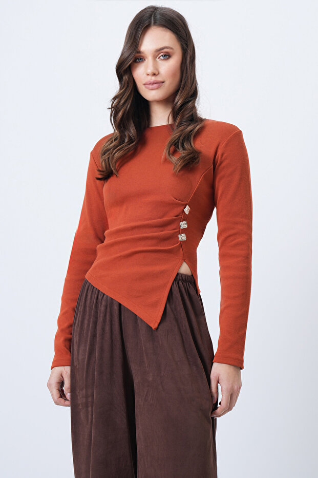 Women's Tile Pattern Crew Neck Gold Button and Drape Detail Ottoban Blouse Alc-X14716