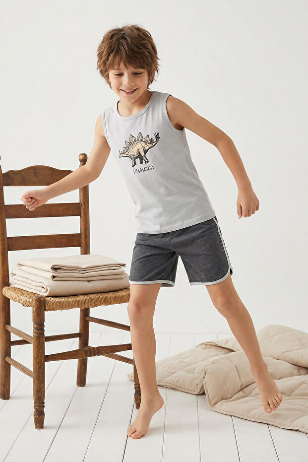 Gri Erkek Çocuk Pamuklu Baskılı Şort Atlet Örme Pijama Takımı TKDSS25PT00009 - 1