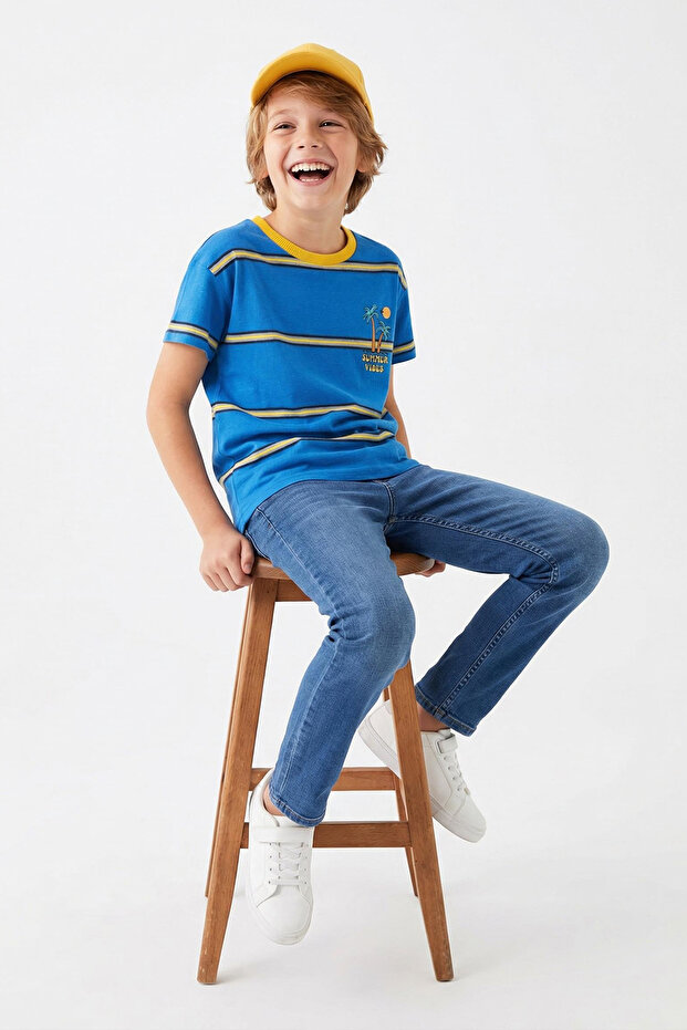 Mavi Pamuklu Çizgili Baskılı Regular/Normal Kalıp Kısa Kol Örme T-Shirt TKDSS25TS00063 - 1