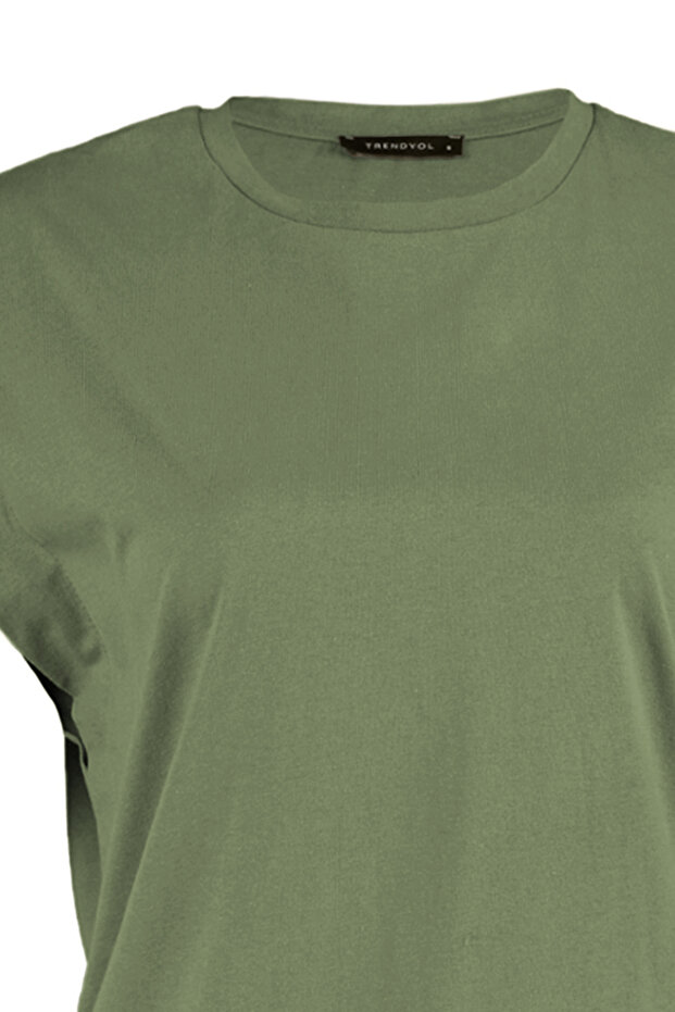 Haki %100 Pamuk Vatka Görünümlü Basic Bisiklet Yaka Örme T-Shirt TWOSS20TS0021 - 7