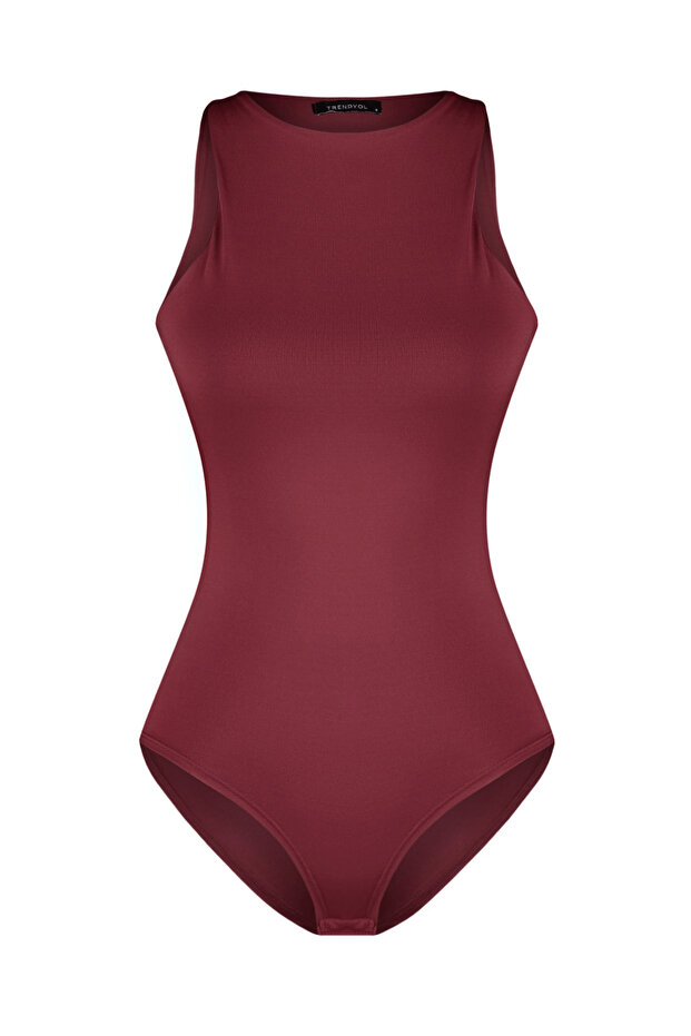 Bordo Halter Yaka Vücuda Oturan Esnek Alttan Çıtçıtlı Örme Body TWOSS20BD0044 - 4