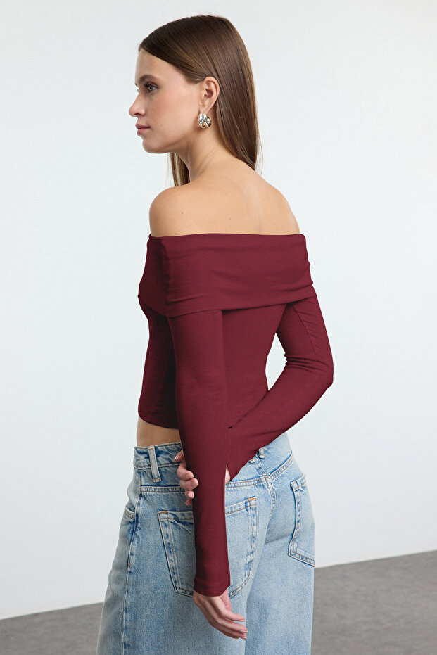 Bordo Carmen Yaka Fitted/Vücuda Oturan Crop Esnek Örme Bluz TWOAW25BZ00008 - 5