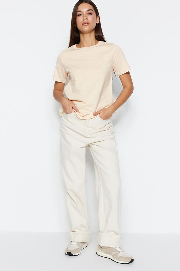 Açık Bej %100 Pamuk Basic Bisiklet Yaka Örme T-Shirt TWOSS23TS00000 - 4
