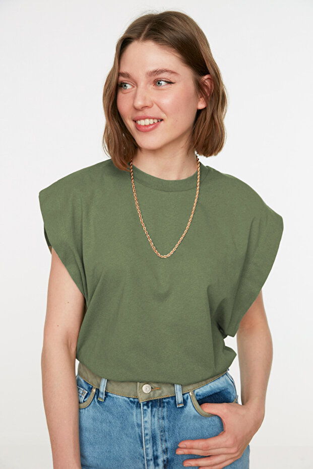 Haki %100 Pamuk Vatka Görünümlü Basic Bisiklet Yaka Örme T-Shirt TWOSS20TS0021 - 3
