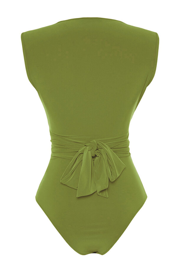 Yeşil Bağlama Detaylı V Yaka Fitted/Vücuda Oturan Esnek Çıtçıtlı Örme Body TWOSS23BD00055 - 8