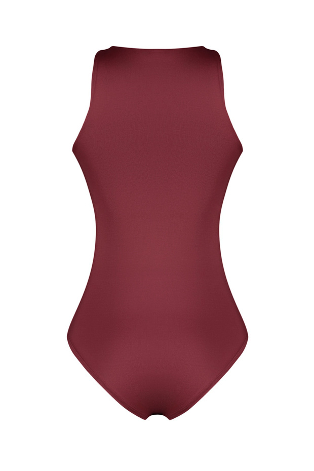 Bordo Halter Yaka Vücuda Oturan Esnek Alttan Çıtçıtlı Örme Body TWOSS20BD0044 - 6