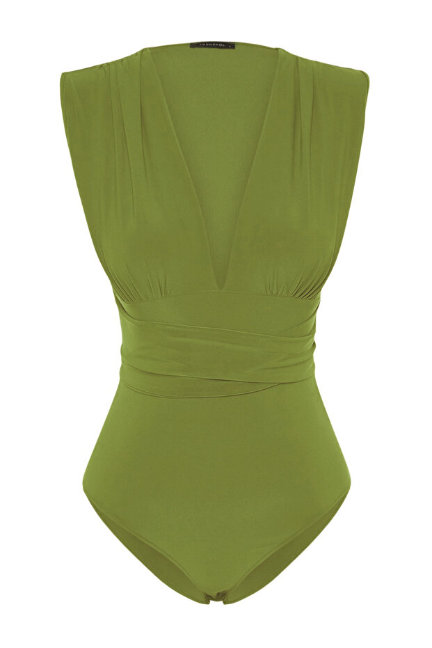 Yeşil Bağlama Detaylı V Yaka Fitted/Vücuda Oturan Esnek Çıtçıtlı Örme Body TWOSS23BD00055 - 7