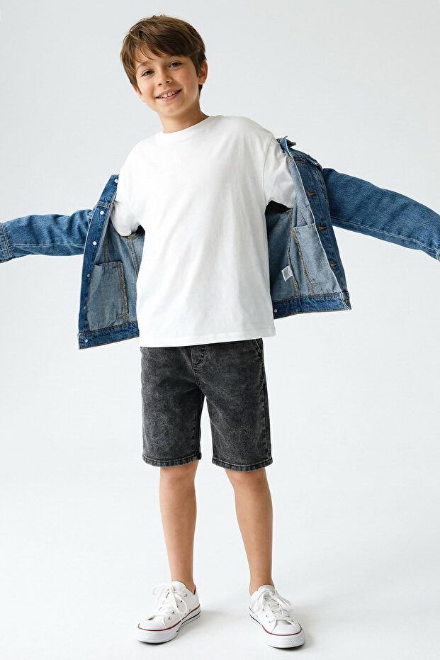 Antrasit Erkek Çocuk Pamuklu Cepli Lastikli Denim Şort & Bermuda TKDSS25SR00008 - 2