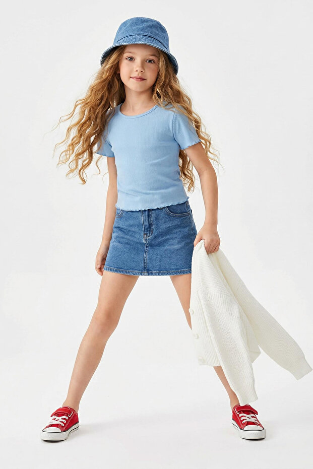 Bebe Mavisi Kız Çocuk Pamuklu Basic Regular Kalıp Fitilli Kısa Kol Örme T-Shirt TKDSS25TS00020 - 2