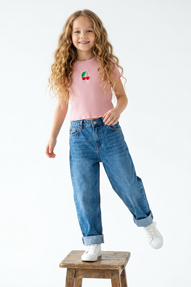 Girl Light Pink Cherry Patterned Ribbed Camisole Knitted Short Sleeve T-Shirt Tkdss24Ts00009