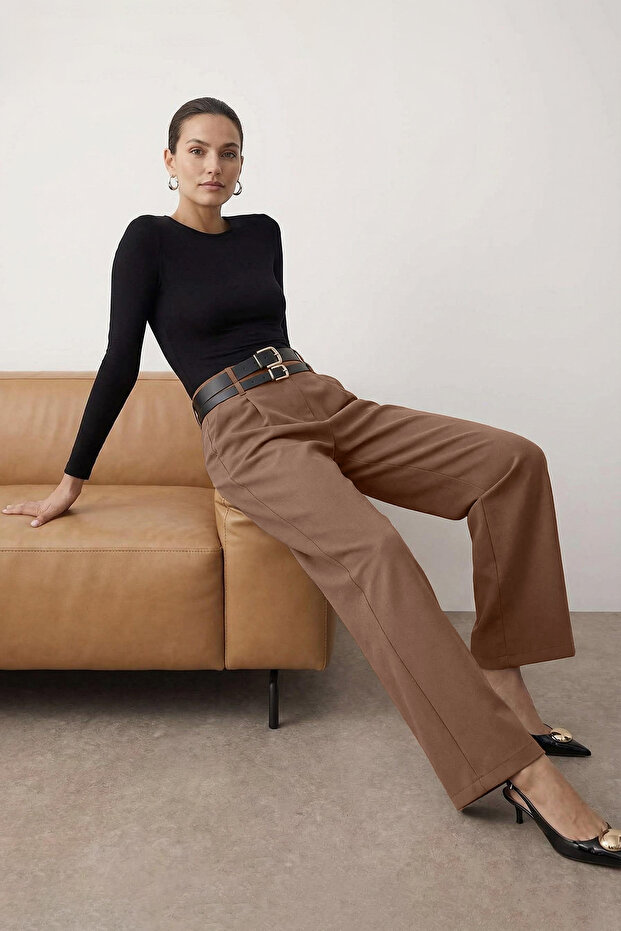 Vizon Çift Kemer Detaylı Wide Leg/Geniş Paça Pantolon TWOAW26PL00013 - 1
