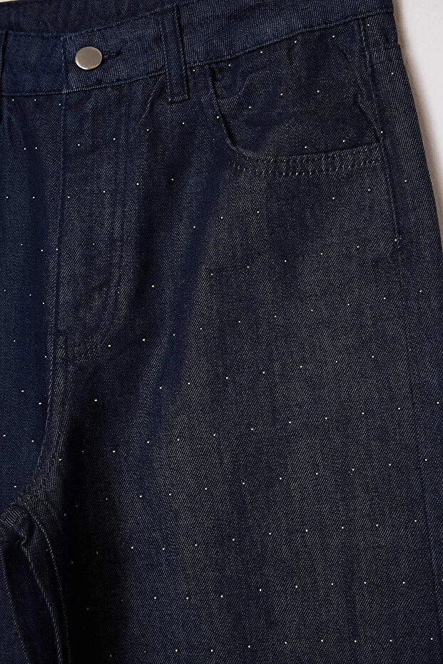 Koyu Mavi %100 Pamuk Taşlı Uzun Boy Yüksek Bel Raw Wide Leg Jeans TWOSS26JE00072 - 8