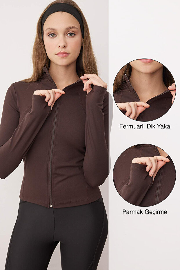 Kahverengi Soft Fırçalı Kumaş Kapüşonlu ve Reflektör Baskılı Örme Spor Ceket THMAW26SK00000 - 1
