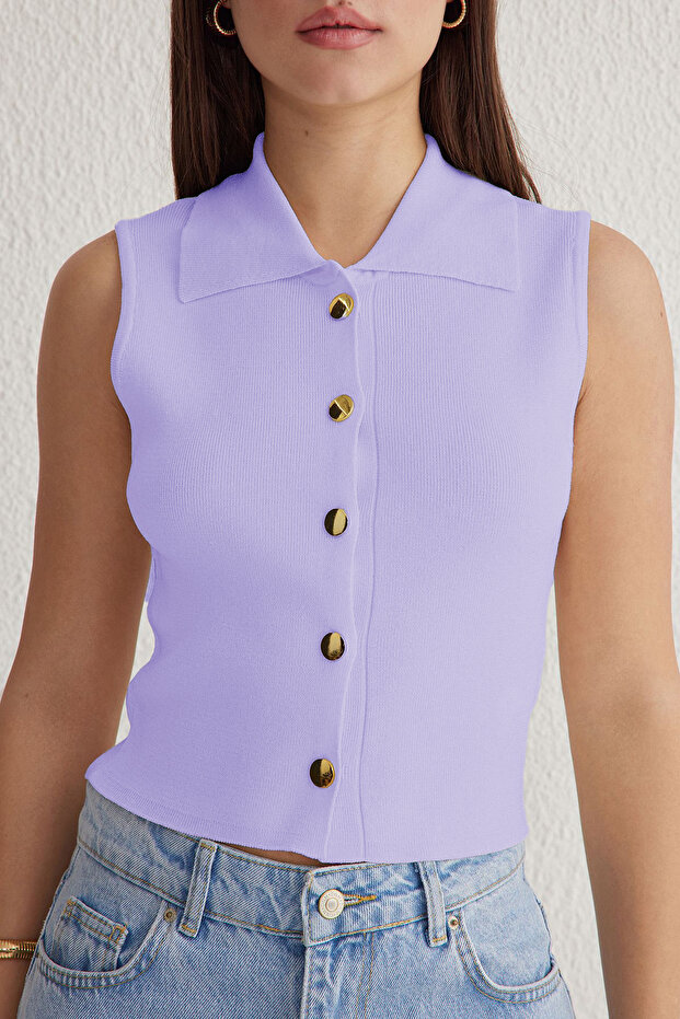 Lila Premium İplik / Özel İplik Crop Yelek Görünümlü Triko Süveter TWOSS24SV00005 - 3