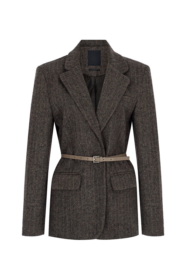 Vizon Kaşe Çizgili Kemerli Dokuma Blazer Ceket TWOAW26BC00072 - 1