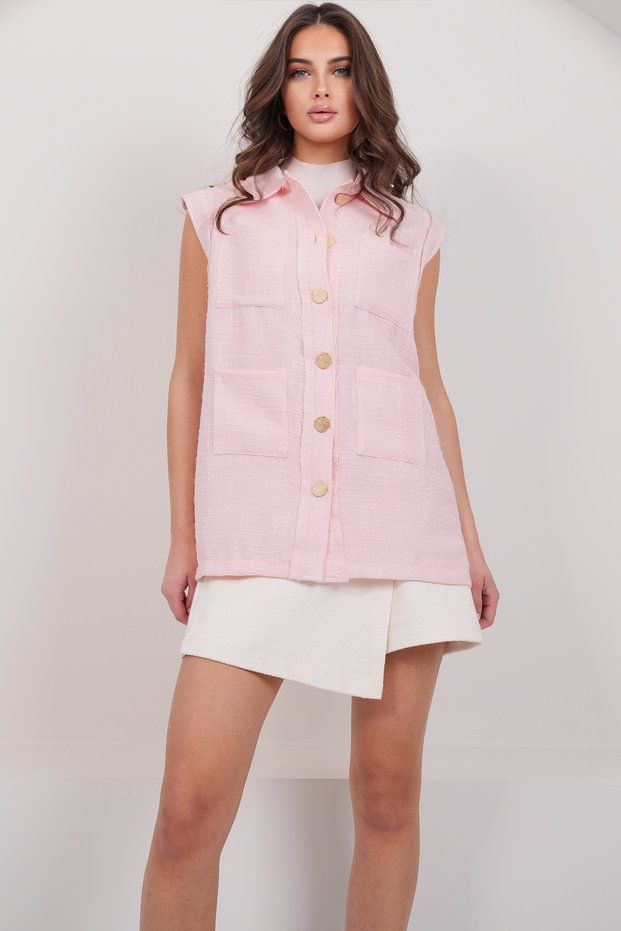 Women's Powder Pink Shirt Collar Pocket Detail Lined Tweed Vest Alc-X14980