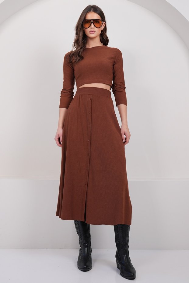 Women's Bitter Brown Crew Neck Cropped Blouse and Maxi Skirt Set Alc-X15015