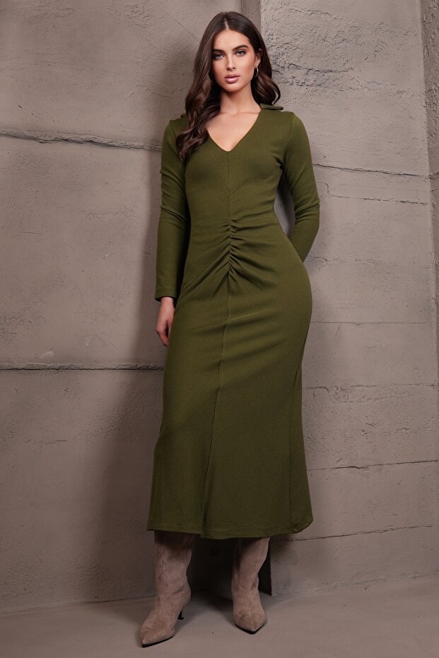Kadın Haki V Yaka Drape Detaylı Triko Elbise ALC-X14976 - 4
