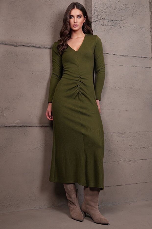 Kadın Haki V Yaka Drape Detaylı Triko Elbise ALC-X14976 - 1