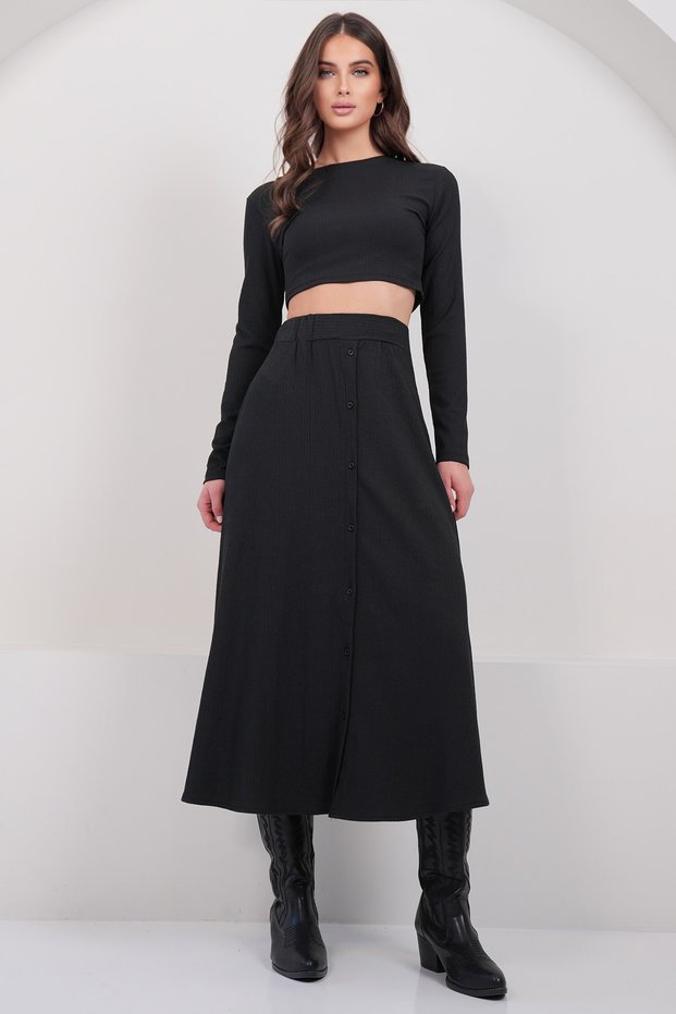 Women's Black Crew Neck Cropped Blouse and Maxi Skirt Set Alc-X15015