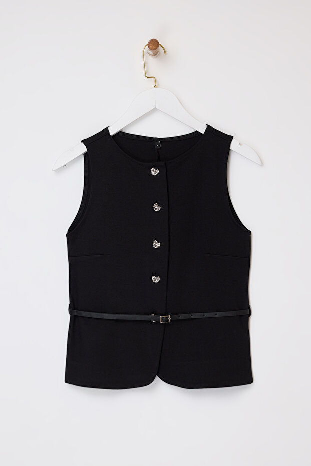 Siyah Fitted/Vücuda Oturan Düğmeli Kolsuz Kemerli İnterlok Örme Yelek TWOSS26YE00015 - 5