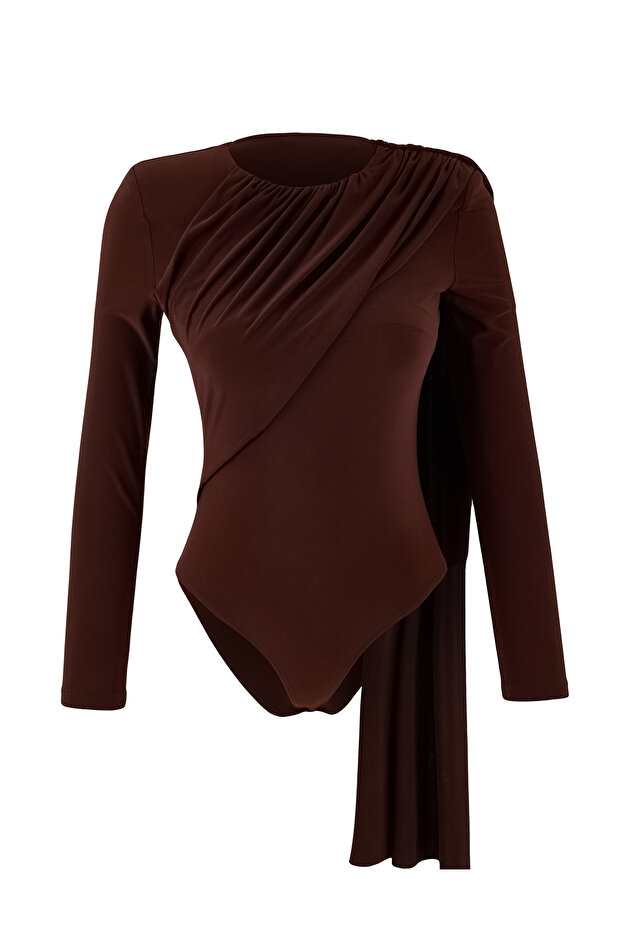 Kahverengi Pelerin Detaylı Büzgülü Örme Party Body TPRSS26BD00012 - 5