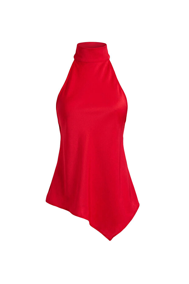 Kırmızı Asimetrik Kesim Halter Yaka Saten Bluz TPRSS26BZ00019 - 5