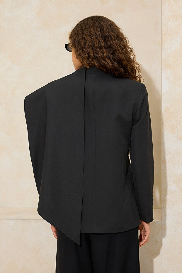 Siyah Şal Yaka Regular/Normal Kalıp Dokuma Astarlı Vatkalı Blazer Ceket TWOSS26BC00010 - 4