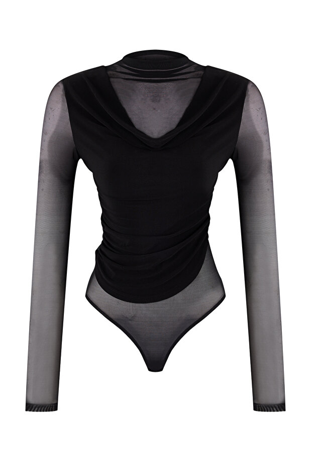 Siyah Tül Degaje Yaka Alttan Çıtçıtlı Party Body TPRSS26BD00002 - 5