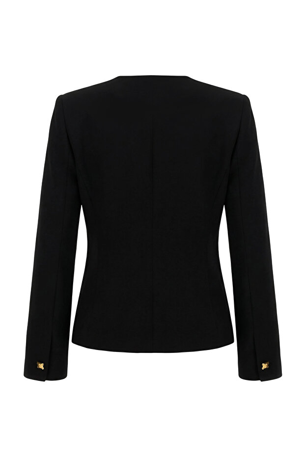 Siyah Kare Yaka Aksesuar Düğmeli Fitted/Vücuda Oturan Astarlı Blazer Ceket TWOSS26BC00009 - 7