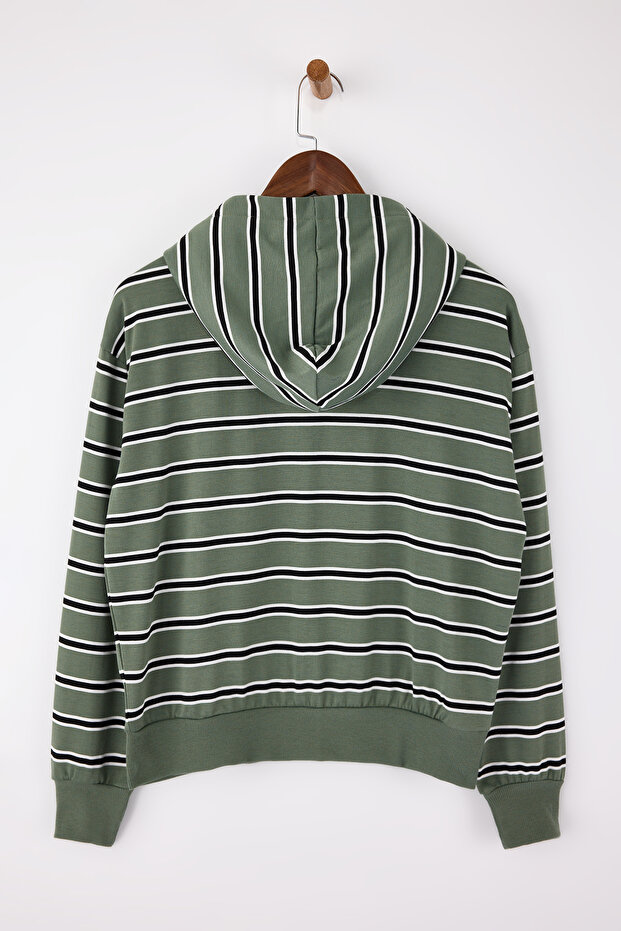 Yeşil Çizgili Regular/Normal Kalıp Kapüşonlu Fermuarlı İnce Örme Sweatshirt TWOSS26SW00003 - 7