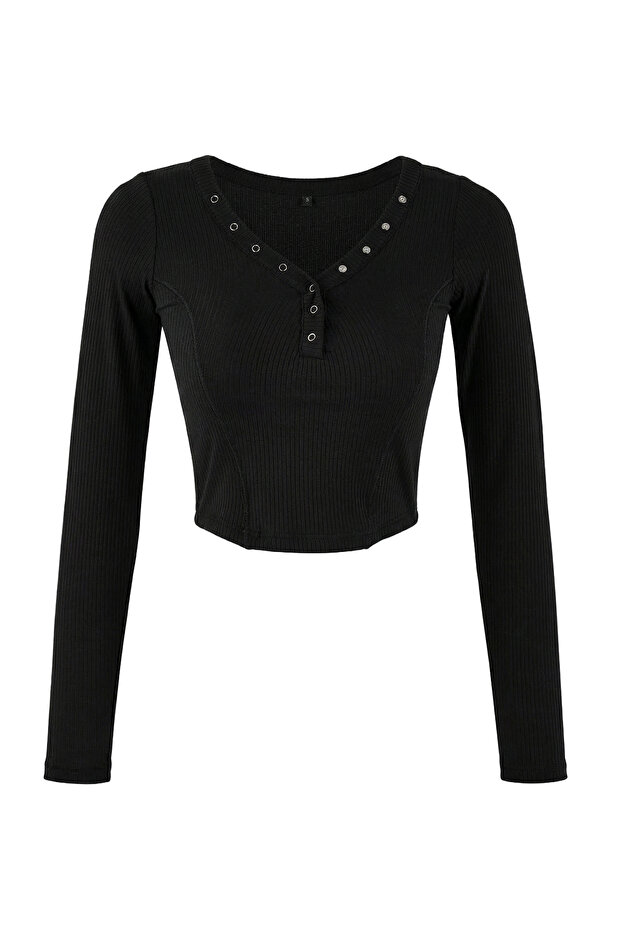 Siyah Fitted/Vücuda Oturan V Yaka Çıtçıtlı Crop Yumuşak Örme Bluz TWOSS26BZ00056 - 5
