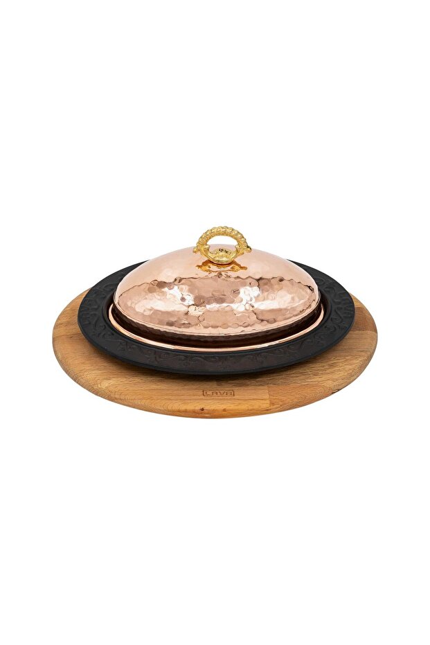 Cast Oval Doner, Kebab Plate, Beech Serving Wood and Copper Forged Formed Lid Size 32x23cm