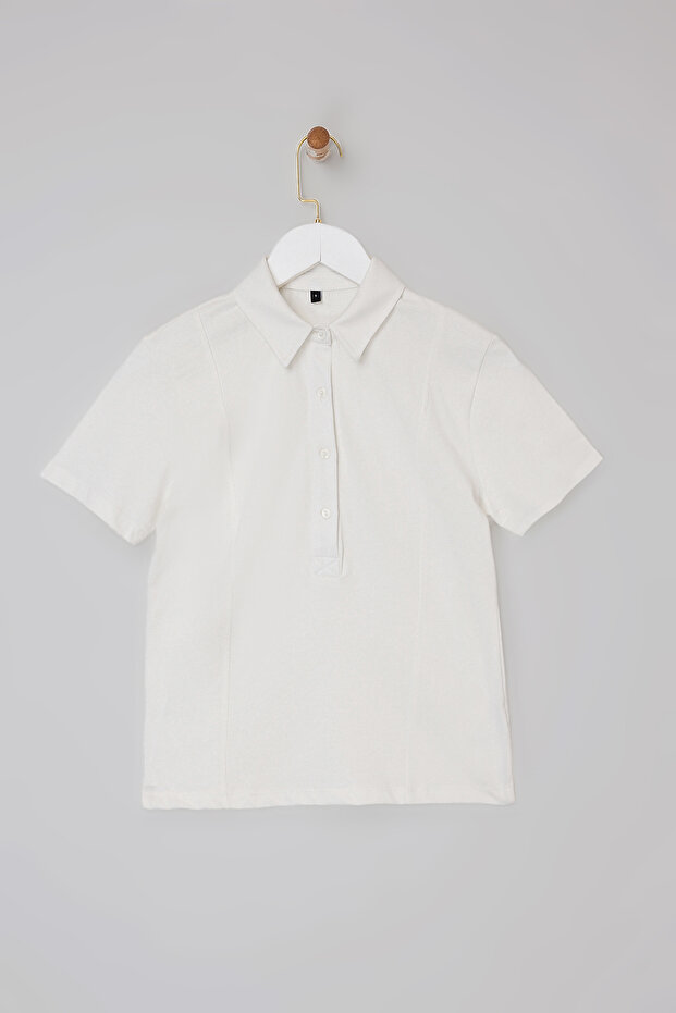 Wardrobe Essentials-Ekru Regular/Normal Kalıp Dikiş Detaylı %100 Pamuk Örme Bluz TWOSS26BZ00043 - 5