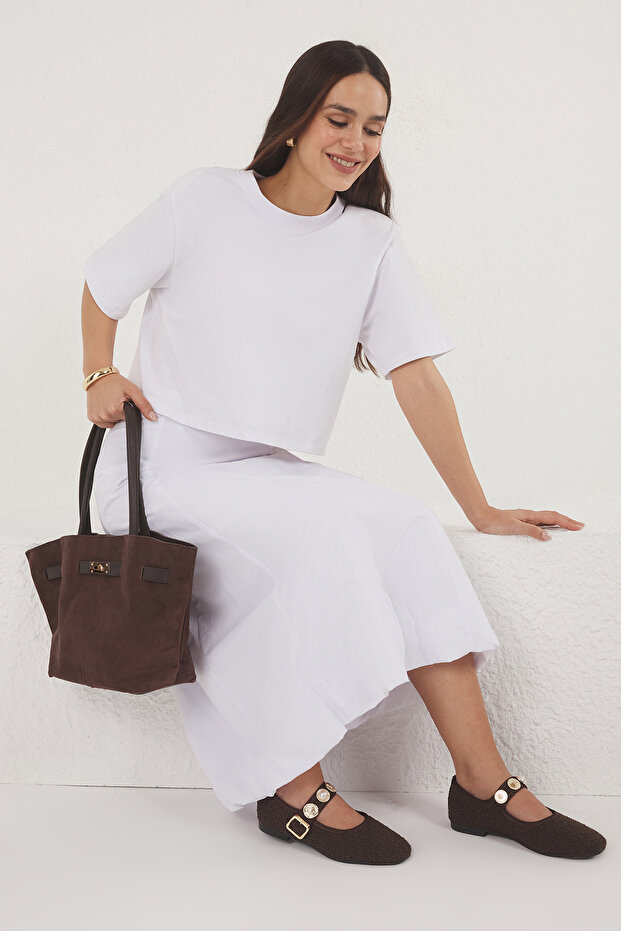 Ciemnobrązowa miękka zamszowa torebka z uchwytem i krzyżowymi paskami, damska torebka na ramię, duża TAKAW25OC00013 - 3