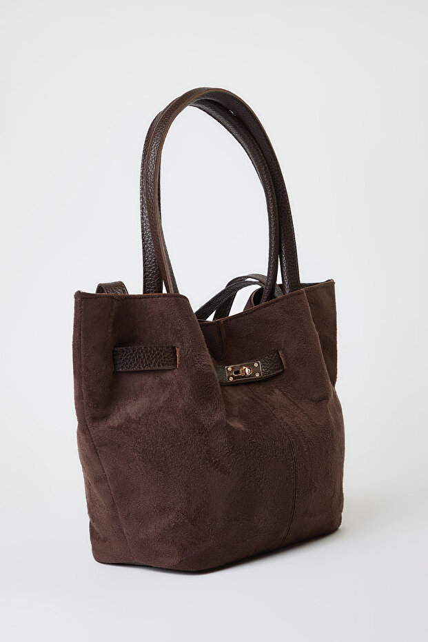 Ciemnobrązowa miękka zamszowa torebka z uchwytem i krzyżowymi paskami, damska torebka na ramię, duża TAKAW25OC00013 - 6