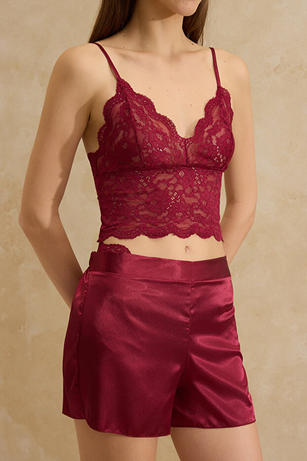 Bordo Saten Dantel Detaylı 4'lü Çeyiz Set Dokuma Pijama Takımı- Külot-Sabahlık THMSS26PT00036 - 6