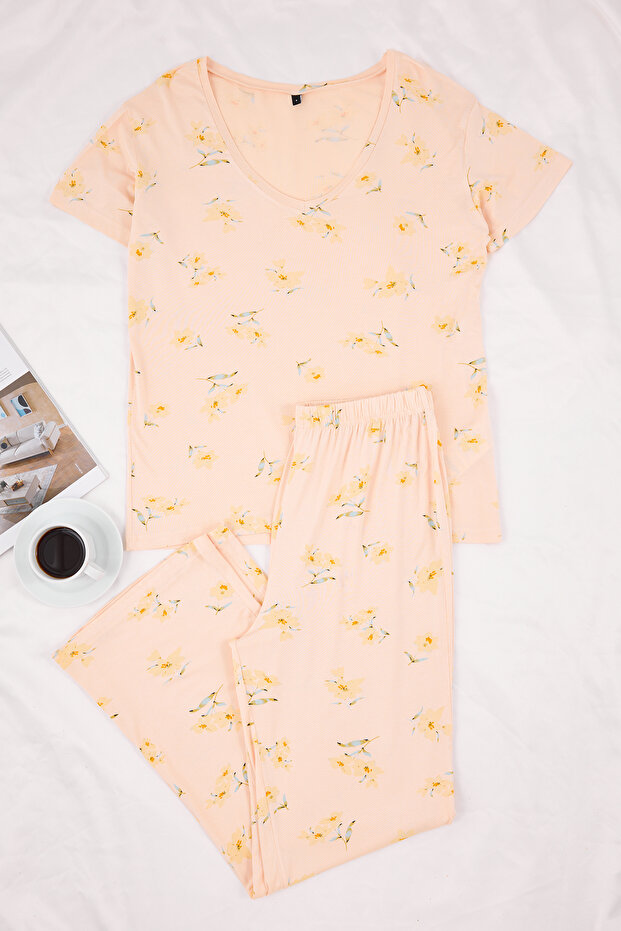 Somon Çiçekli Örme Pijama Takımı THMSS26PT00023 - 5
