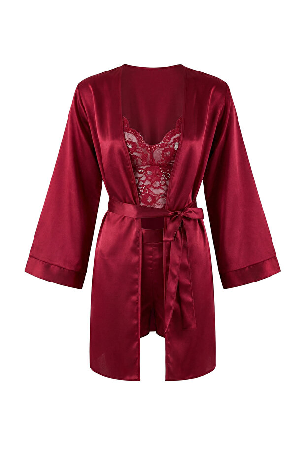 Bordo Saten Dantel Detaylı 4'lü Çeyiz Set Dokuma Pijama Takımı- Külot-Sabahlık THMSS26PT00036 - 8