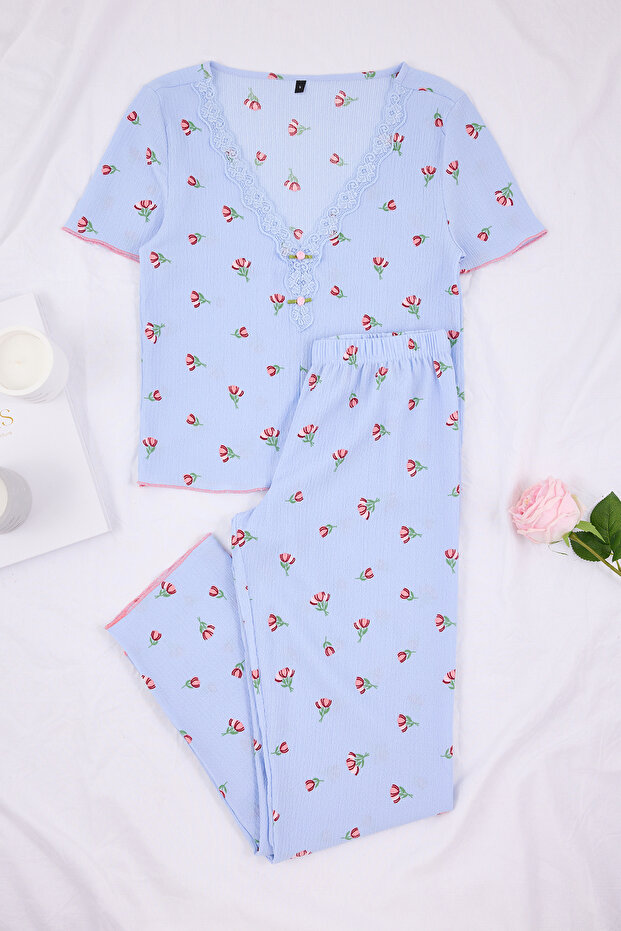 Mavi Çiçekli Dantel Detaylı Bürümcük Dokulu Örme Pijama Takımı THMSS26PT00011 - 5