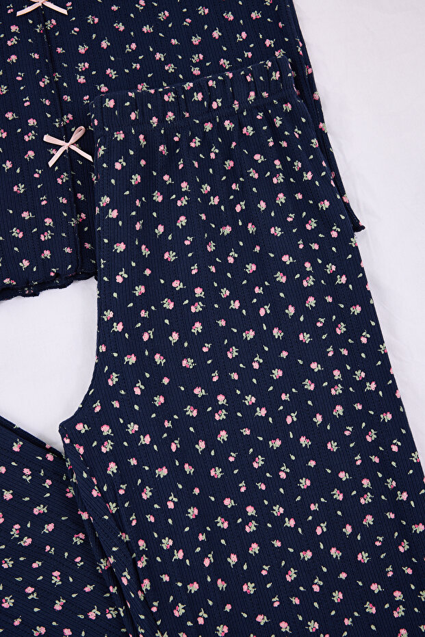 Lacivert %100 Pamuklu Çiçekli Kurdele/Fiyonklu Fitilli/Pointel Örme Pijama Takımı THMSS26PT00010 - 8