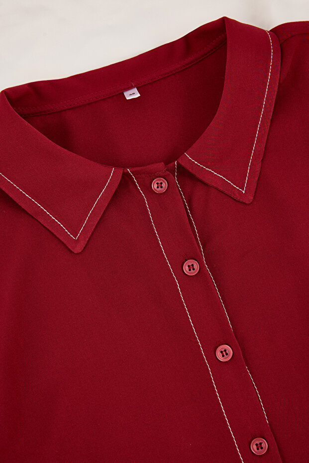 Bordo Dikiş Detaylı Rahat Kalıp Viskon Dokuma Pijama Takımı THMSS26PT00003 - 8