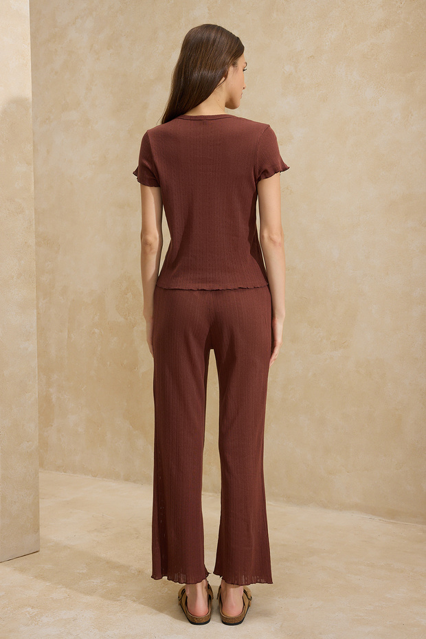 Kahverengi %100 Pamuklu Baby Overloklu Fitilli/Pointel Örme Pijama Takımı THMSS26PT00012 - 5