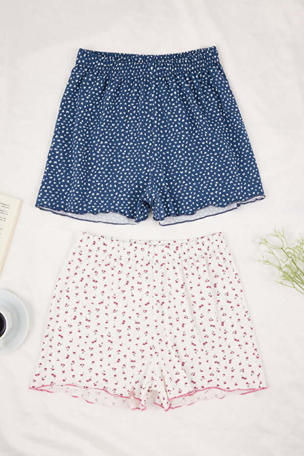 Lacivert-Beyaz 2'li Çiçekli Pamuklu Likralı Süprem Örme Pijama Altı THMSS26PJ00001 - 5