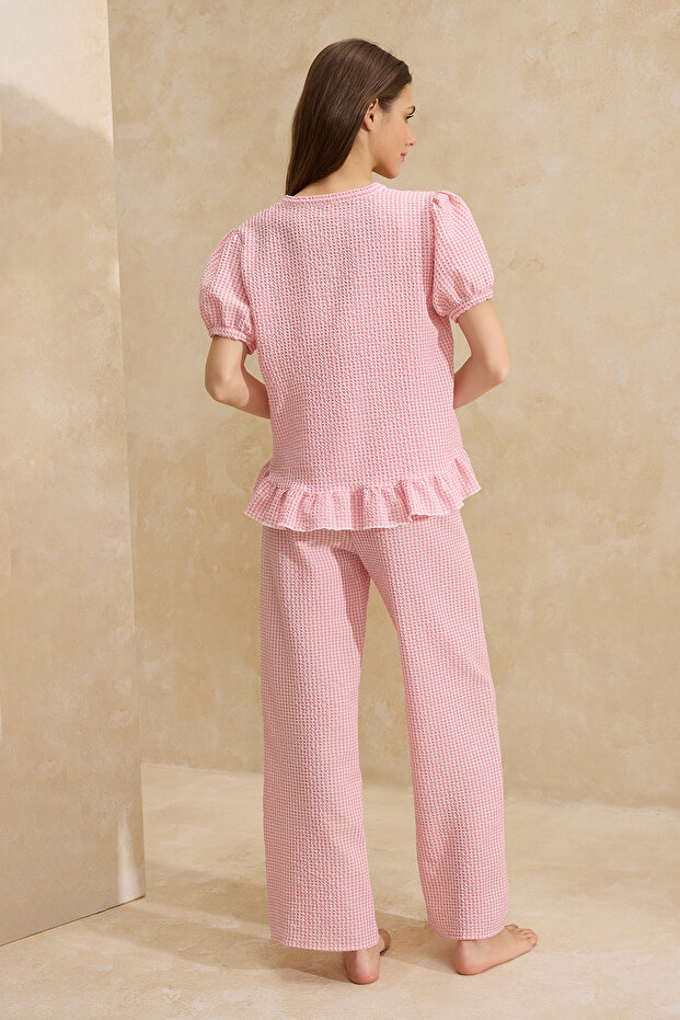 Pembe Ekoseli Fırfırlı Gofre Dokuma Pijama Takımı THMSS26PT00002 - 6