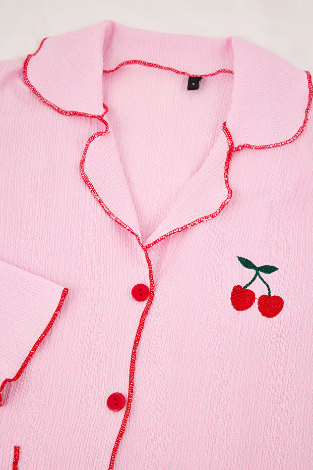 Pembe Kiraz Nakışlı Cepli Baby Overloklu Bürümcük Dokulu Örme Pijama Takımı THMSS26PT00018 - 10