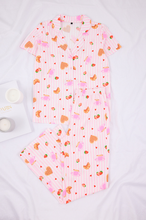 Pembe-Çok Renkli %100 Pamuklu Eğlence Desenli Örme Pijama Takımı THMSS26PT00008 - 5