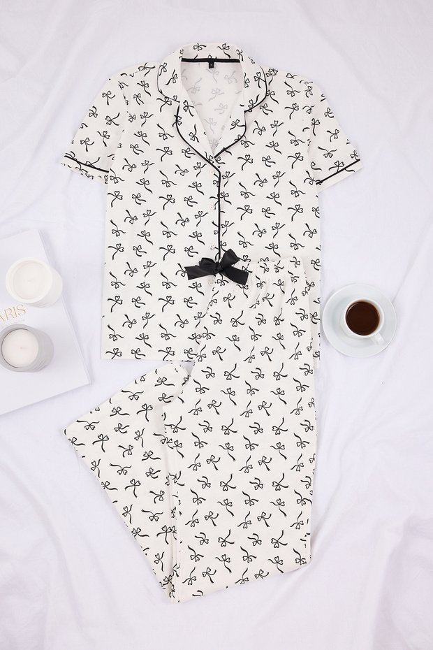 Beyaz %100 Pamuklu Kurdele Desenli Biyeli Örme Pijama Takımı THMSS26PT00026 - 7