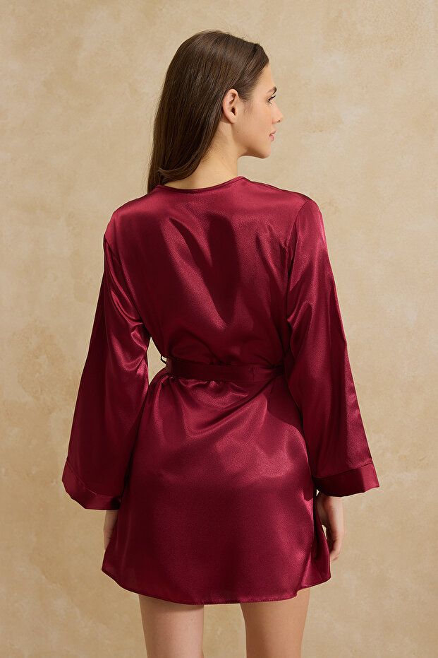 Bordo Saten Dantel Detaylı 4'lü Çeyiz Set Dokuma Pijama Takımı- Külot-Sabahlık THMSS26PT00036 - 7