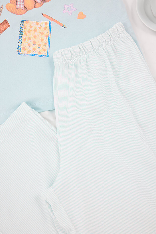 Mavi %100 Pamuklu Çizgili ve Eğlence Desenli Örme Pijama Takımı THMSS26PT00007 - 6
